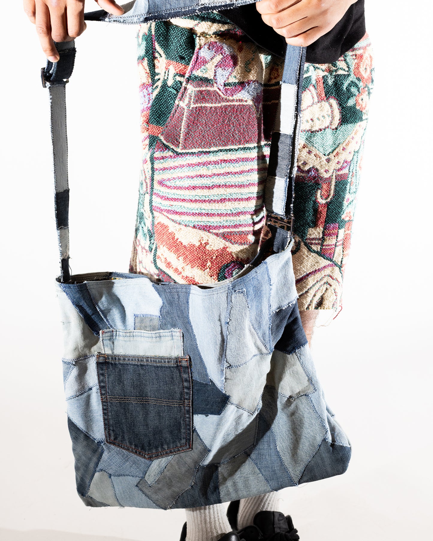 Denim patchwork side bag